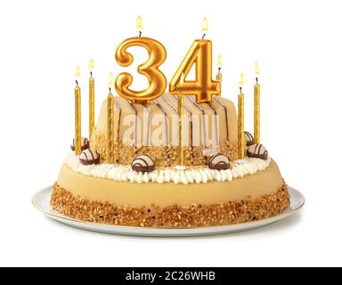 Festliche Kuchen mit goldenen Kerzen - Nummer 34 Stockfoto
