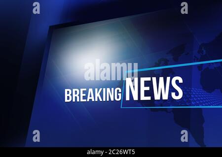 Studio großen Flachbild-tv mit dem Brechen von von Nachrichten Text und globalen Welt Karte. 3D-Darstellung Stockfoto