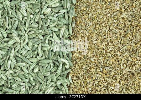 Fenchel Samen und Pollen aufteilen Bild in der Mitte, für Textur oder Hintergrund. Stockfoto