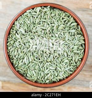 Fenchel Samen in Schüssel auf Holz- Oberfläche Stockfoto