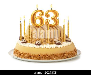 Festliche Kuchen mit goldenen Kerzen - Nummer 63 Stockfoto