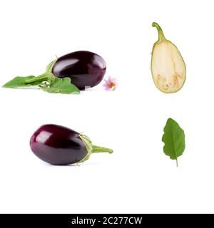Ganze Auberginen Gemüse eingestellt, Halb- und grüne Blätter auf einem weißen Hintergrund, Herbst Ernte Stockfoto