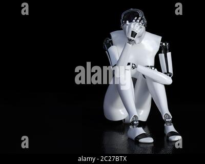 3D-Rendering eines weiblichen Roboter in der Einsamkeit auf dem Fußboden sitzen und traurig oder deprimiert. Schwarzer Hintergrund mit Copyspace. Stockfoto