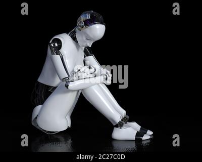 3D-Rendering eines weiblichen Roboter in der Einsamkeit auf dem Fußboden sitzen und traurig oder deprimiert. Schwarzen Hintergrund. Stockfoto
