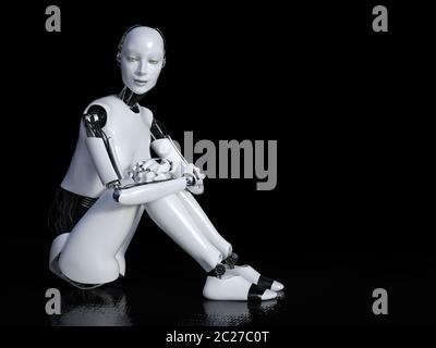 3D-Rendering eines weiblichen Roboter sitzen auf dem Boden und lächelt. Schwarzer Hintergrund mit Copyspace. Stockfoto