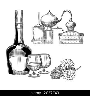 Set Cognac in handgezeichneter Ausführung auf weißem Hintergrund. Flasche Cognac, Schnitter, Trauben, Alembik. Element für die Gestaltung des Balkenmenüs. Alkoholtinte. Stock Vektor