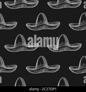 Handgezeichneter Sombrero Hut nahtloses Muster auf Tafel. Vintage-Gravur. Vektorgrafik Stock Vektor