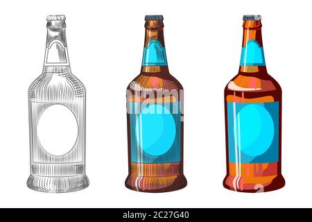 Handgezeichnete Flasche helles Bier isoliert auf weißem Hintergrund. Vorlage für Craft-Bier-Flaschen. Vintage-Gravur. Für Pub-Menü, Karten, Poster, Drucke Stock Vektor
