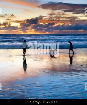 Paar mit Hund, Bali Sonnenuntergang Stockfoto