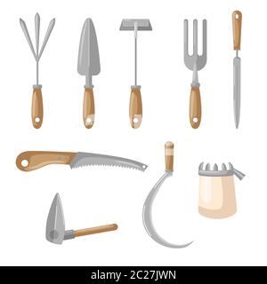 Stellen Sie die Landwirtschaft auf weißen Hintergrund. Schaufel, Pitchfork, Säge, Sichel, Hacke, Rechen flache Stil Vektor-Illustration Stock Vektor