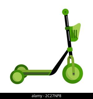 Green Kick Scooter mit einem Korb isoliert auf weißem Hintergrund. Push Roller Transport in flacher Stil. Öko-Transport für Kinder. Vektorgrafik Stock Vektor