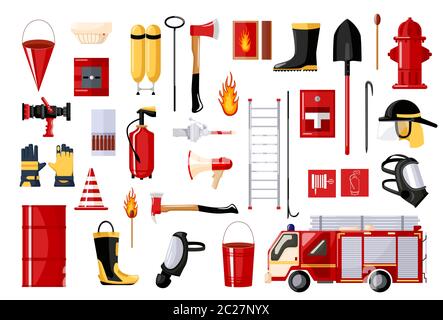 Set Feuerwehrmann auf weißem Hintergrund. Feuerwehrfahrzeug und Hydrant, Helm, Schlauch, Feuerlöscher, Leiter, Gasmaske. Vektorgrafik mit flachem Stil. Stock Vektor