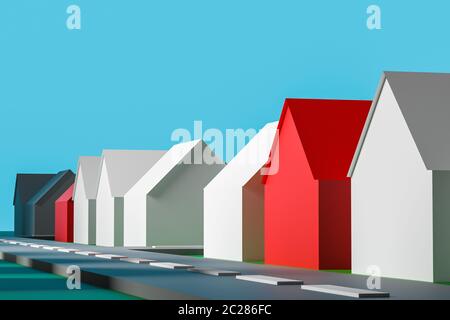 3D-Illustration abstrakte Darstellung des Dorfes. Kleine typische weiße und rote Landhäuser stehen entlang einer Autobahn. Das Konzept der gleichen, simil Stockfoto