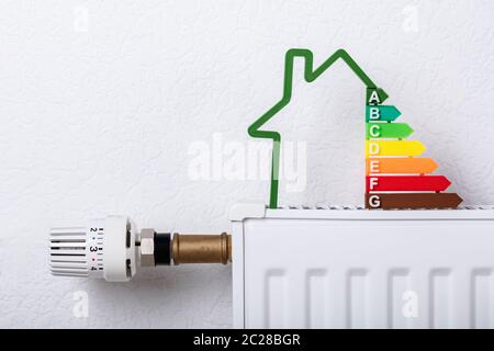 In der Nähe des Haus des Modells mit Energieeffizienz Rate am Kühler zu Hause Stockfoto