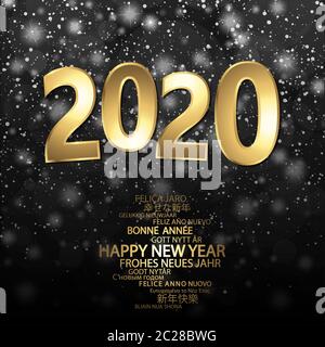 Frohes neues Jahr 2020 Grüße mit goldenen Ziffern und schwarzem Hintergrund Stockfoto