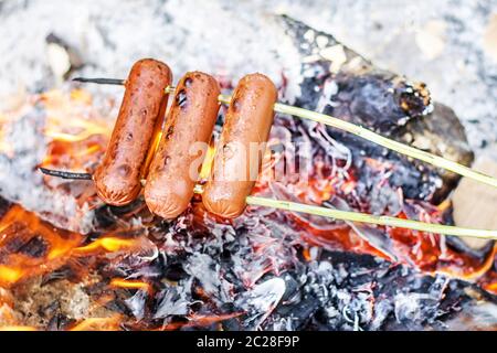 Grillen von Würstchen über einem offenen Feuer im Freien. Stockfoto