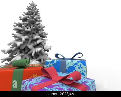 Bunte Geschenke und Weihnachtsbaum mit Schnee aus der Nähe Stockfoto