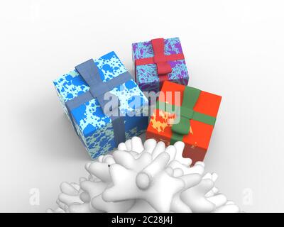 Bunte Geschenke und Weihnachtsbaum mit Schnee Stockfoto