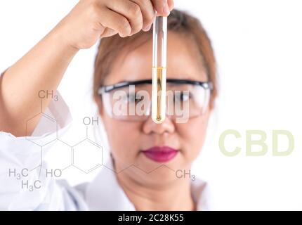 Asiatische Frau wissenschaftliche Forschung, die CBD-Lösung in der Roehre Stockfoto