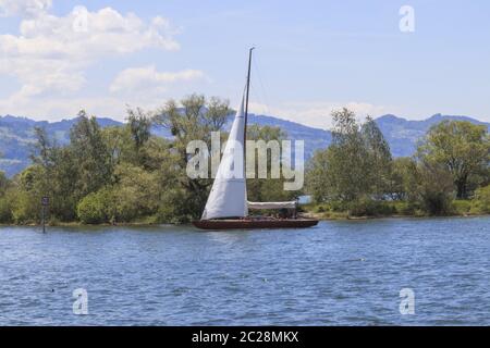 Segelboot auf dem Bodensee, nahe dem Rheindelta, Österreich, Landschaft Stockfoto