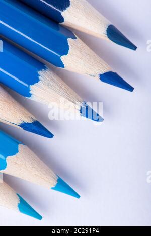 Makrofoto von mehreren geschärften Bleistiften von blauer Farbe auf weißem Hintergrund Stockfoto
