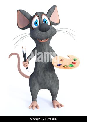 3D-Rendering von einem netten Lächeln Cartoon-maus stehen und hält drei Bürsten in der einen Hand und ein Künstler Palette in den anderen, zur Bereitschaft zu malen wie ein Stockfoto