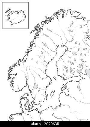 Karte der SKANDINAVISCHEN Länder: Skandinavien, Schweden, Norwegen, Finnland, Dänemark & Island. Geografische Karte. Stockfoto