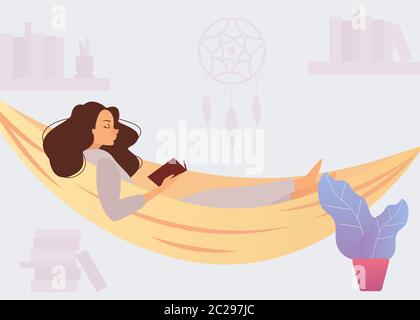 Frau liegt in einer Hängematte und liest ein Buch. Entspannen Sie sich zu Hause. Stock Vektor