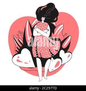 Vektor Liebe dich selbst und kümmern sich um dich Konzept. Mädchen, umarmt sich mit großen Liebe Herz. Mädchen Healthcare Skincare Illustration über nehmen Stock Vektor