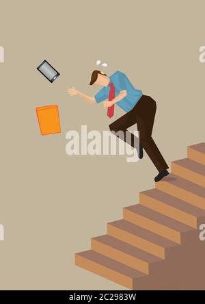 Geschäftsleiter verliert das Gleichgewicht und fällt die Treppe hinunter. Vektordarstellung zum Sicherheitskonzept isoliert auf neutralem farbigem Normalpapier Stock Vektor