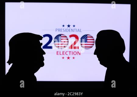 NEW YORK, USA, 17. JUN 2020: Silhouette des republikanischen Kandidaten Donald Trump und des demokratischen Kandidaten Joe Biden. 2020 Wahl des Präsidenten der Vereinigten Staaten Stockfoto