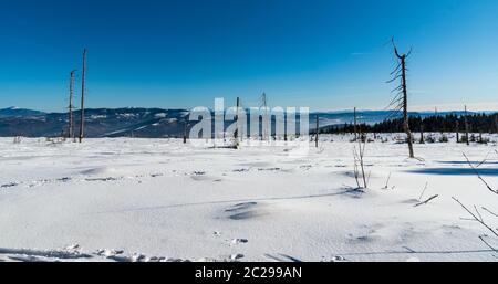 Amazaing Blick von Wierch Wiselka bei Barania Gora Hügel im Winter Beskid Slaski Berge in Polen mit vielen Hügeln, Gipfeln, Bergketten und klar Stockfoto