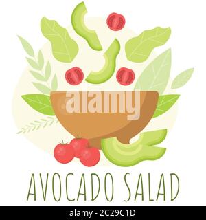 Schüssel mit grünem Salat, Tomaten, Avocado, Blätter enthalten. Vektor Konzept der gesunden Ernährung Lebensmittel. Stock Vektor