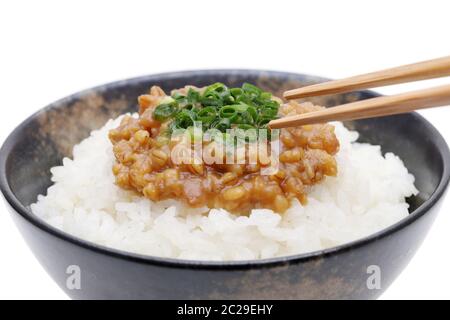 Japanisches Essen, gekochten Reis mit Moromi miso auf weißem Hintergrund Stockfoto