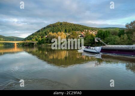 Blick auf den Neckar in der Nähe von Eberbach auf dem Weitwanderweg Neckarsteig in Deutschland Stockfoto