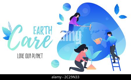 Die Menschen kümmern sich um die Erde. Alles gute zum Tag der Erde. Liebe unseren Planeten. Rette den Planeten. Stock Vektor