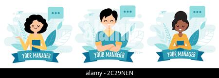 Ihr Manager. Avatar des Beraters. Niedliches Porträt mit Blasen. Frau und Mann. Stock Vektor