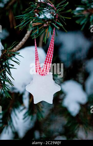 Hausgemachte kleine Weihnachtssterne aus Eis, das an einem schneebedeckten Tannenzweig an einem rot-weißen karierten Band hängt Stockfoto