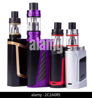 Vaping Gerät, elektronische Zigarette, nikotinfreie vape isoliert auf dem weißen Hintergrund. Dampfbehälter mit Dampfflüssigkeit. Stockfoto