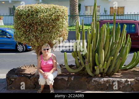 Lächelnde, gealterte Frau sitzt unter einem beschnittenen Busch in der Nähe von Kanarenspurgen (Euphorbia canariensis) auf der Straße in Los Gigantes, Teneriffa, Kanarische isla Stockfoto