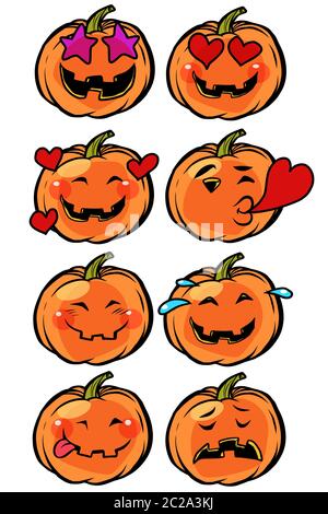 Liebe Herz Leidenschaft Verwirrung Emoji Halloween Kürbis set Sammlung. Comic cartoon Pop Art retro Vektor illustration Zeichnung Stockfoto