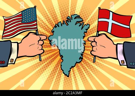 USA v. Dänemark, Streit über Grönland. Hände von Politikern mit nationalen Flaggen. Comic cartoon Pop Art retro Vektor illustration Zeichnung Stockfoto