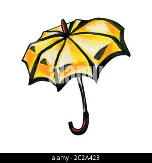 Yellow Umbrella Rohrstock mit rotem Griff. Herbst und Frühling Konzept. Orange einzelnes Objekt auf einem weißen Hintergrund. Für Spaziergänge bei Regenwetter. Stockfoto