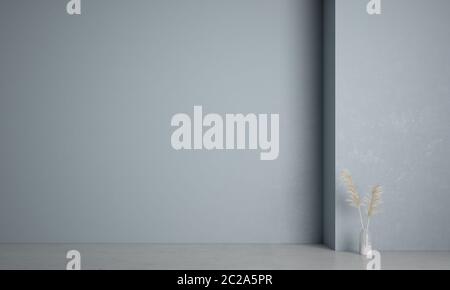 Grau blau leer minimalistischen Interieur skandinavischen Raum mit stilvollen weißen Vase und große dunkelblaue Wand im Hintergrund, einfache Raumgestaltung für Kunst Stockfoto
