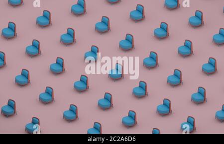 Trendy Sonnenlicht Sommer Muster mit rosa Hintergrund, Stühle in blau und rosa Farben mit hellem Licht verteilt, Muster. Minimales Sommerkonzept. 3D Stockfoto