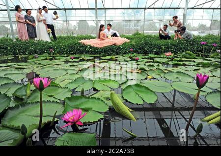 Huzhou, Chinas Provinz Zhejiang. Juni 2020. Ein Paar posiert für Hochzeitsfotos in einem Öko-Park im Nanxun Bezirk in Huzhou, Ostchina Zhejiang Provinz, 16. Juni 2020. Der Park nutzt seine Umgebung, hat viele malerische Orte mit romantischer Atmosphäre gebaut und eine einzigartige Hochzeitsindustrie entwickelt. Quelle: Tan Jin/Xinhua/Alamy Live News Stockfoto