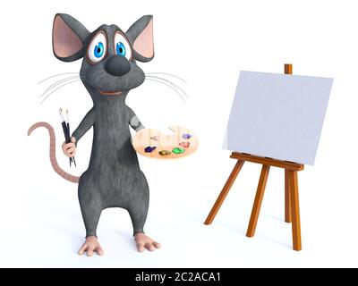 3D-Rendering von einem netten Lächeln cartoon Maus vor einer leeren Leinwand auf einer Staffelei stehend, Holding tree Bürsten in der einen Hand und ein Künstler Palette i Stockfoto