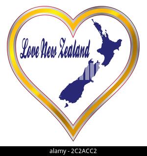 Übersicht Karte von Neuseeland mit Liebe Herz und Text auf weißem Hintergrund Stockfoto
