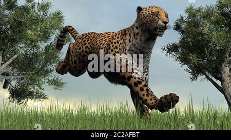 3D Digital Rendering eines springenden Geparden in der Natur Stockfoto