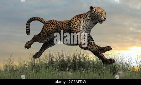 3D Digital Rendering eines springenden Geparden in der Natur Stockfoto